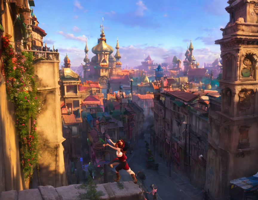 Vibrant animated cityscape with golden domes and character leaping between rooftops