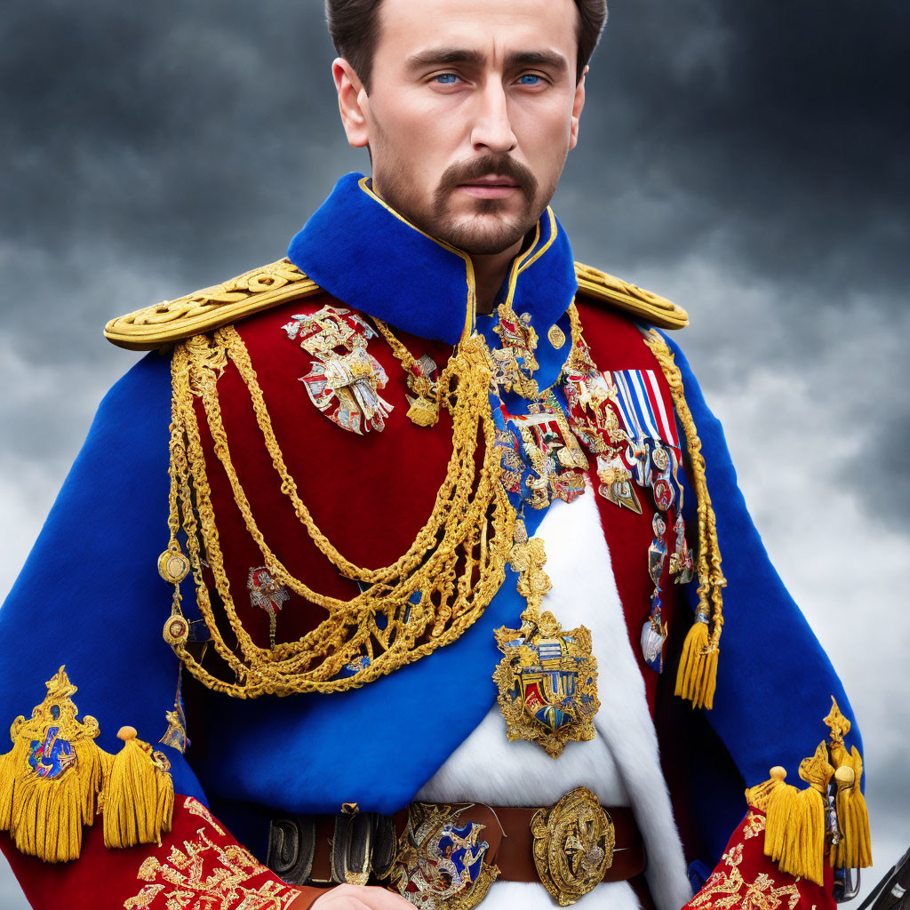 Military man in ornate uniform with medals and sash under cloudy sky