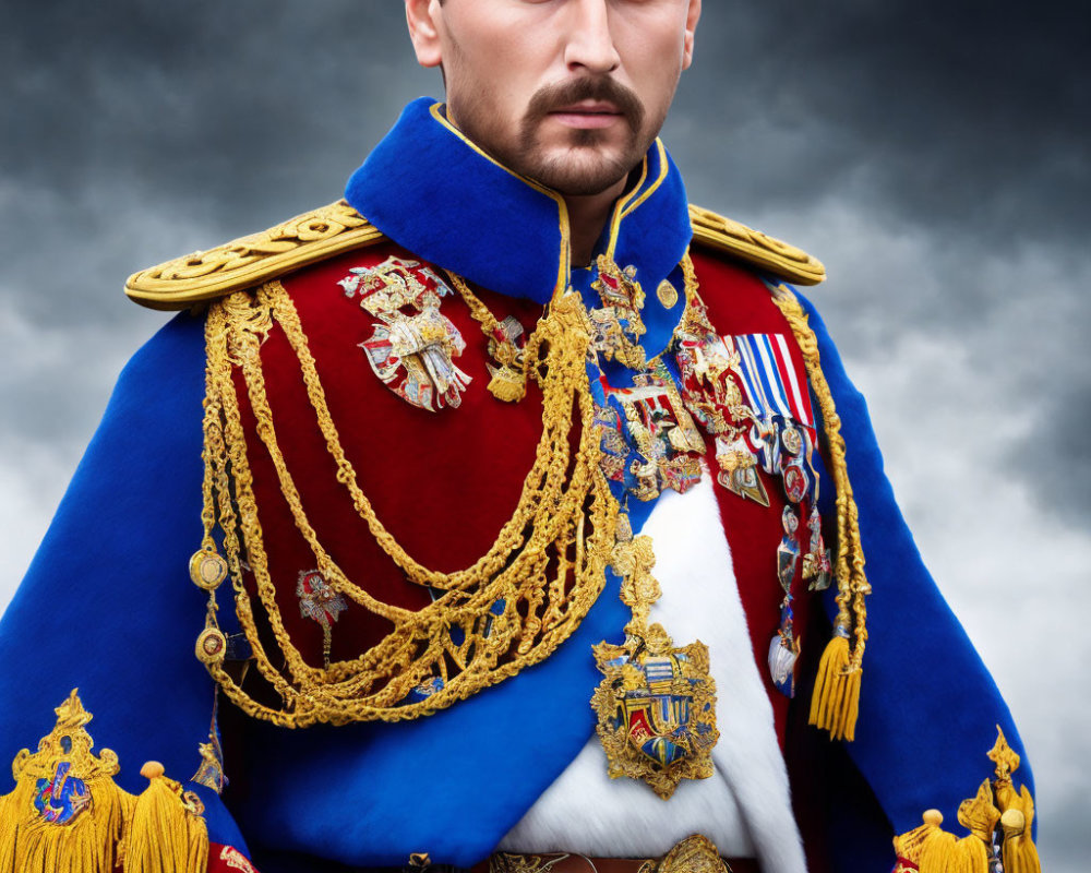 Military man in ornate uniform with medals and sash under cloudy sky