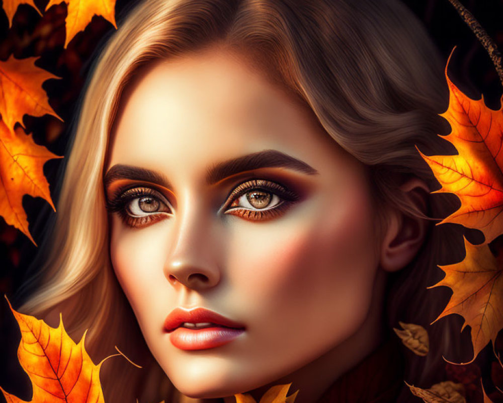 Digital Artwork: Woman with Striking Makeup in Autumn Setting