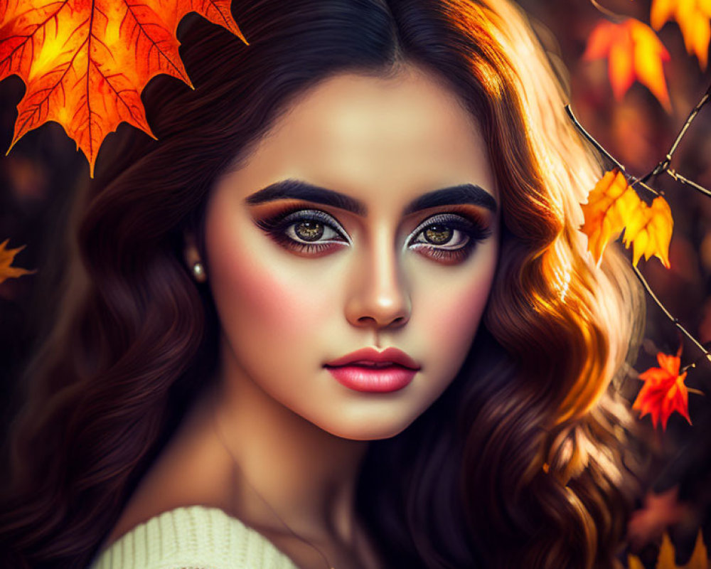 Digital portrait of woman with expressive eyes and wavy hair against autumn leaves