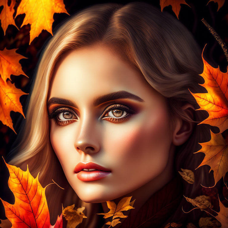 Digital Artwork: Woman with Striking Makeup in Autumn Setting