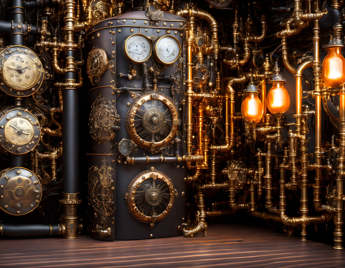 Steampunk-inspired room with decorated machine, brass pipes, glowing bulbs, antique gauges