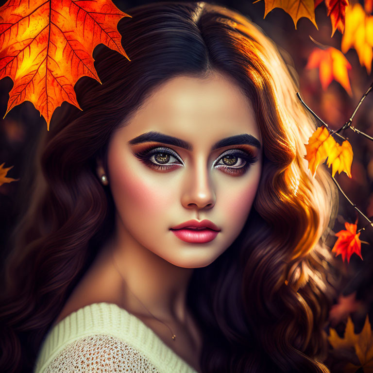 Digital portrait of woman with expressive eyes and wavy hair against autumn leaves