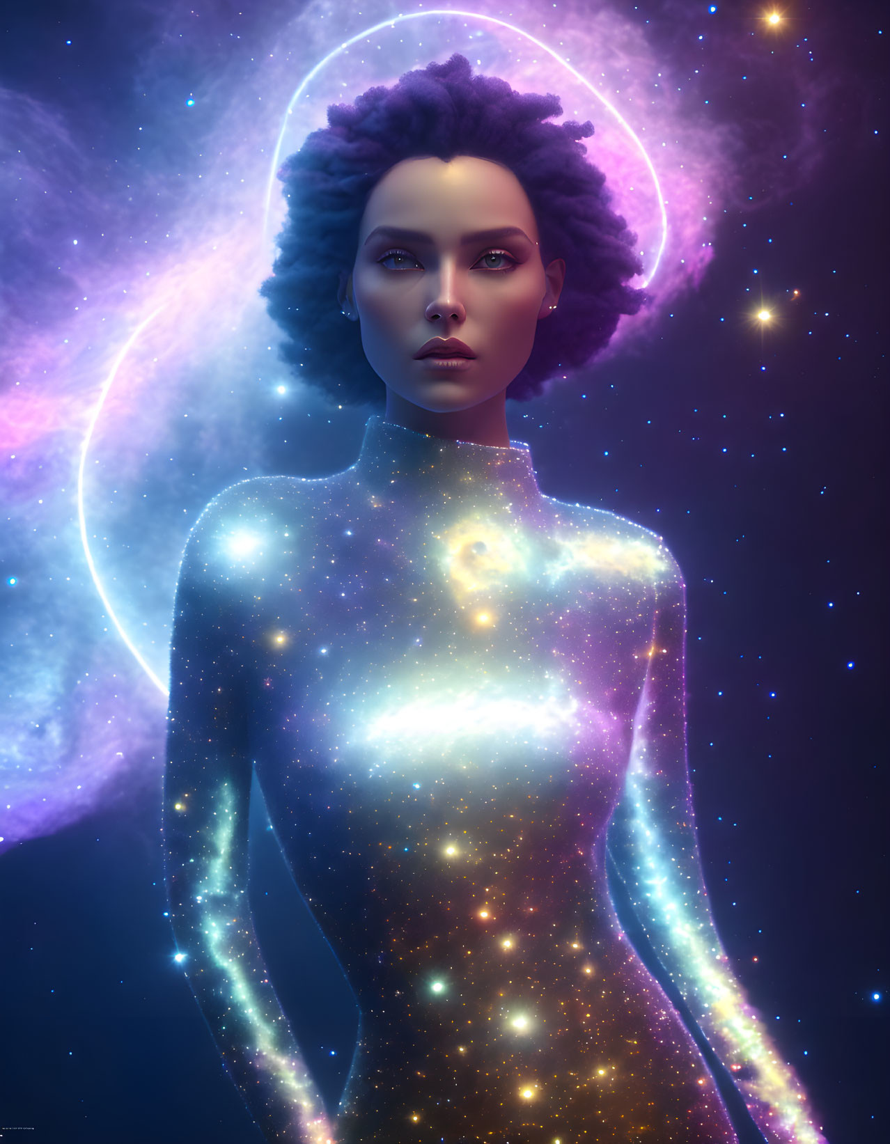 Cosmic-themed digital portrait of a woman with galaxy motif and glowing halo