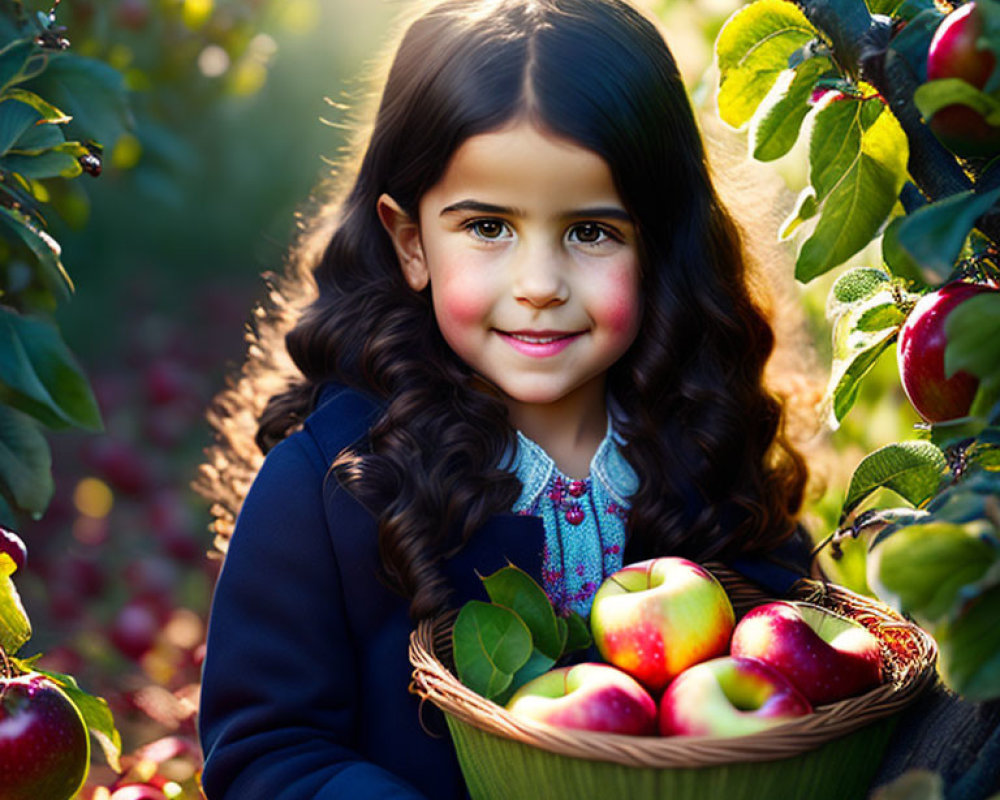 Young girl with dark curly hair in navy coat holding red apples in sunny orchard