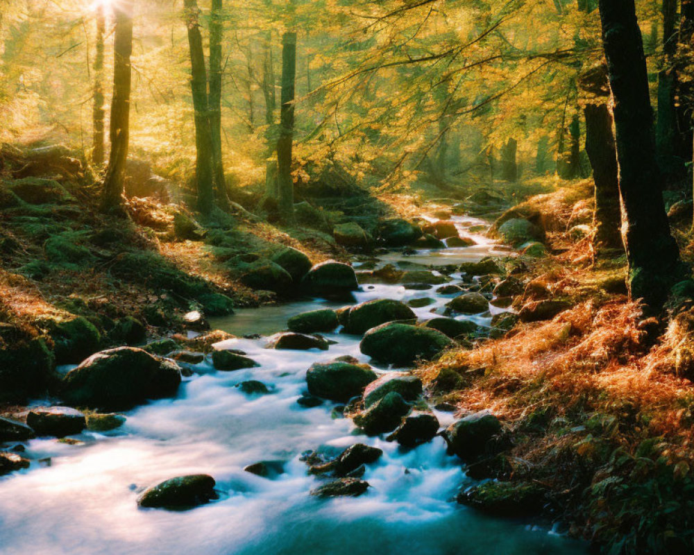 Tranquil stream in autumn forest with sunlight filtering through trees