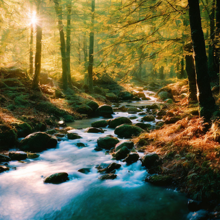 Tranquil stream in autumn forest with sunlight filtering through trees