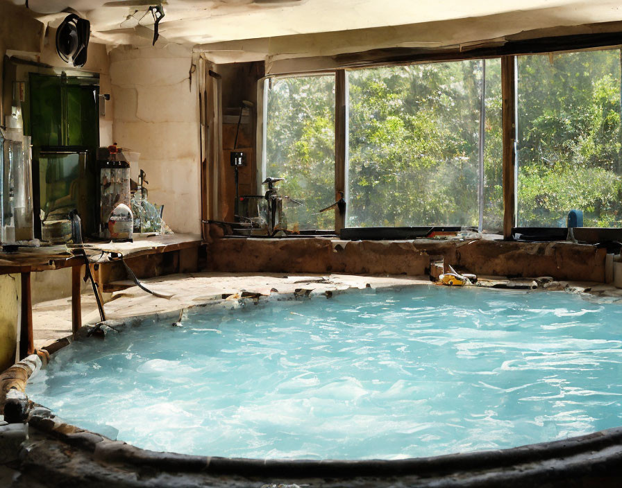 Indoor Rustic Hot Spring Pool Overlooking Greenery and Equipment Room