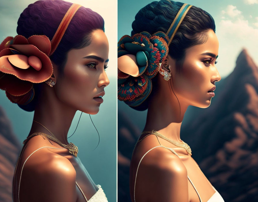 Digital artwork of woman with intricate hairstyles and jewelry against mountain backdrop