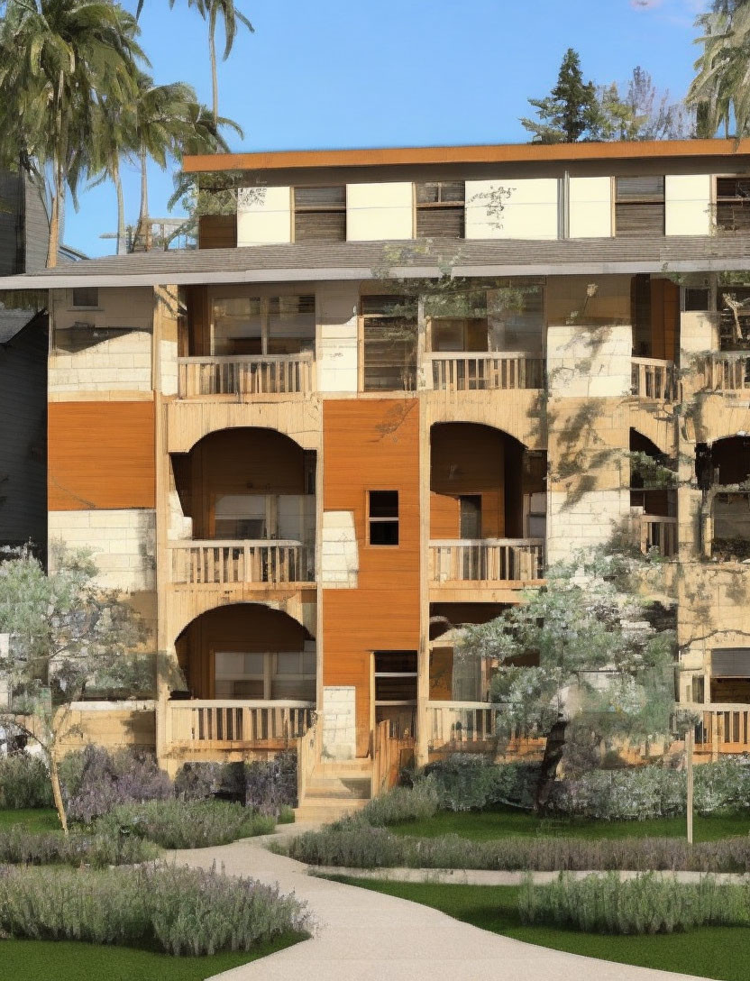 Three-story modern building with wooden balconies, large windows, surrounded by trees and landscaping under clear sky