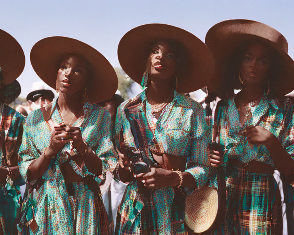 Three People in Wide-Brimmed Hats and Sunglasses with Camera on Sunny Day