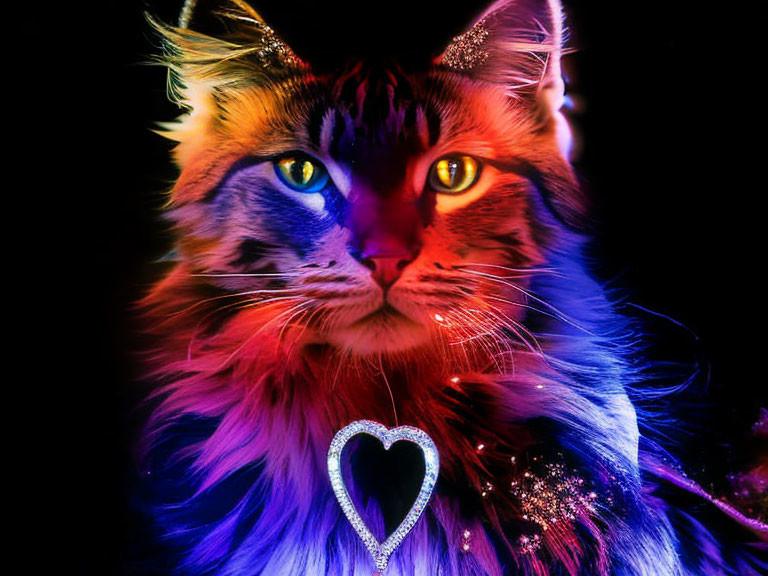 Colorful digital artwork: Cat with multicolored fur and heart pendant