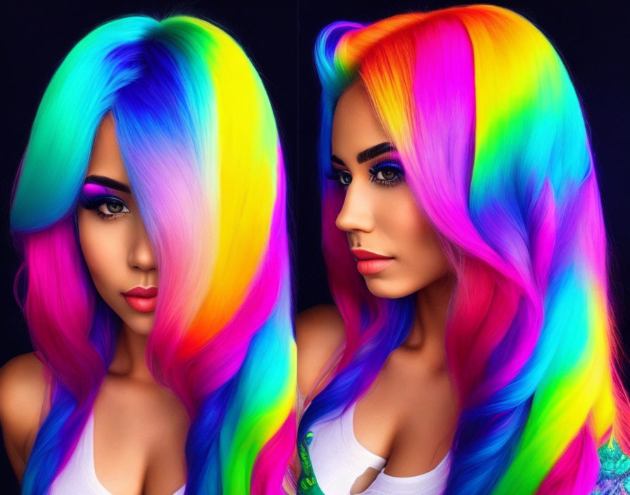 Dual portraits of woman with rainbow hair and purple eyeshadow