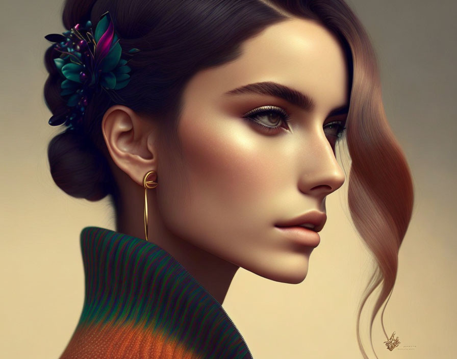 Detailed side profile digital artwork of a woman with butterfly hair accessory, makeup, and gold earrings on beige