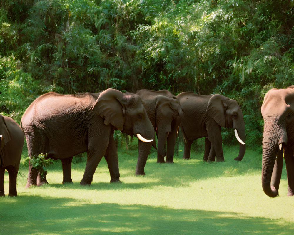 Elephants Walking Through Lush Green Grass