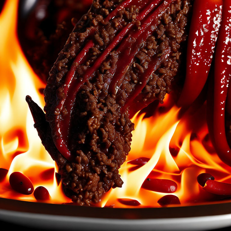 Close-Up of Fiery Grilled Steak with Glazing Sauce on Intense Flame