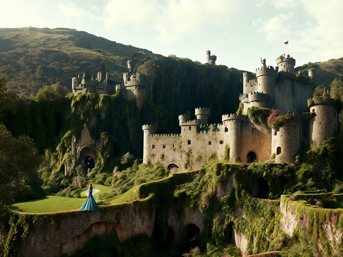 Stone castle with towers on cliff, woman in blue dress on grassy field