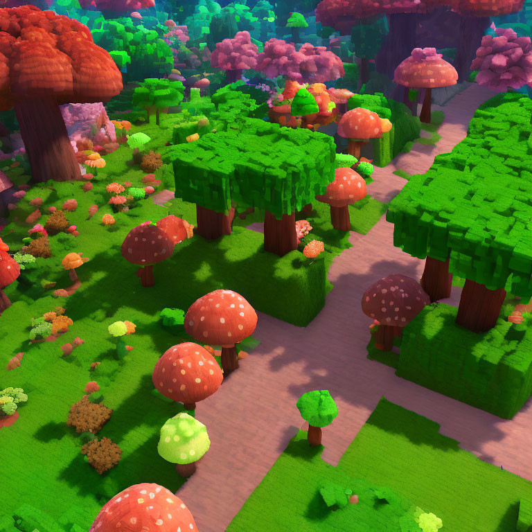 Colorful Mushrooms in Vibrant Stylized Forest Landscape