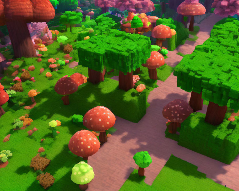 Colorful Mushrooms in Vibrant Stylized Forest Landscape