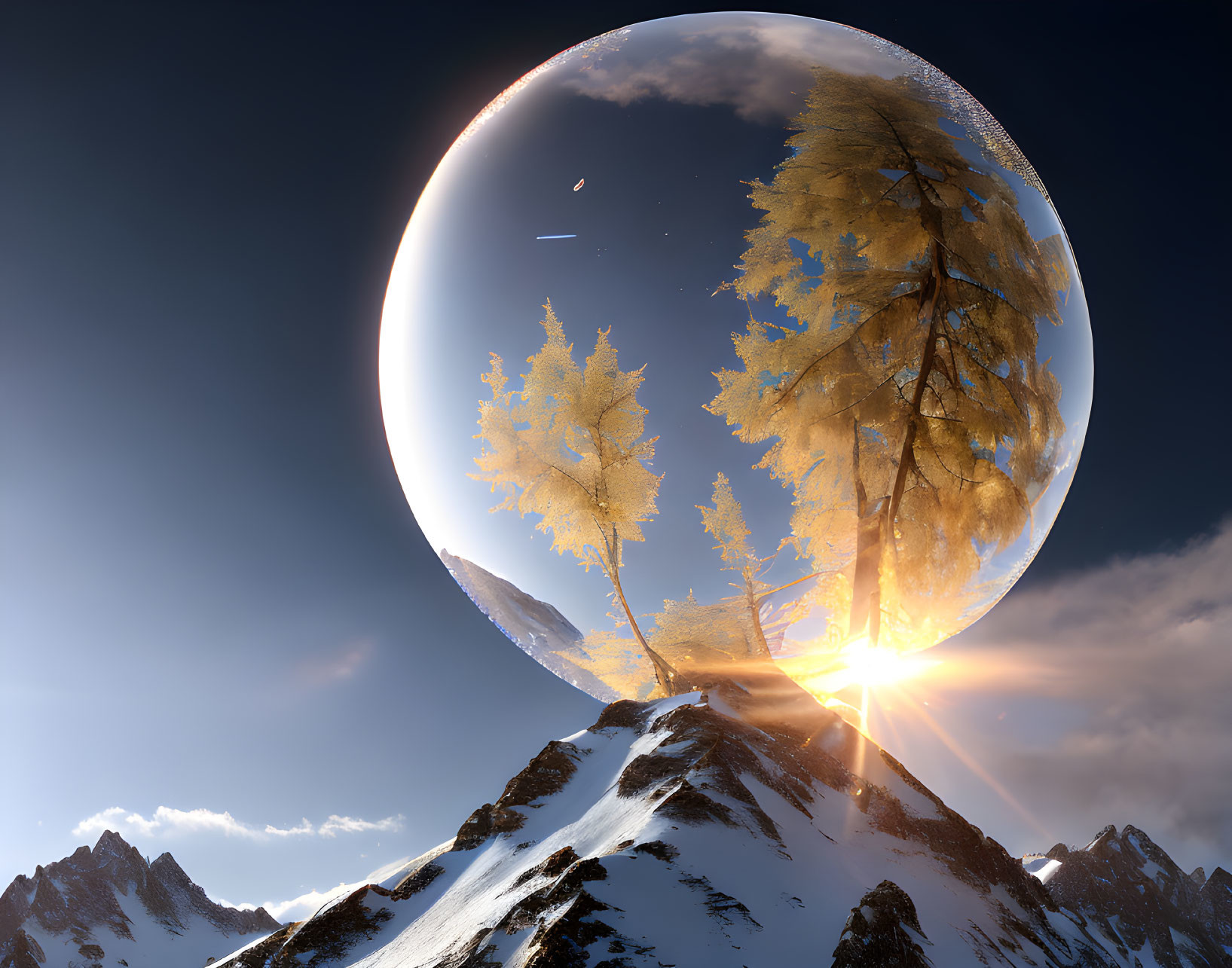 Surreal landscape with giant reflective sphere and golden trees at sunset