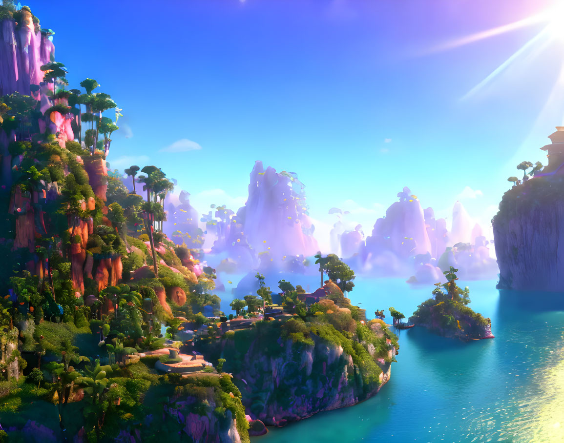 Fantastical landscape with floating islands and waterfalls