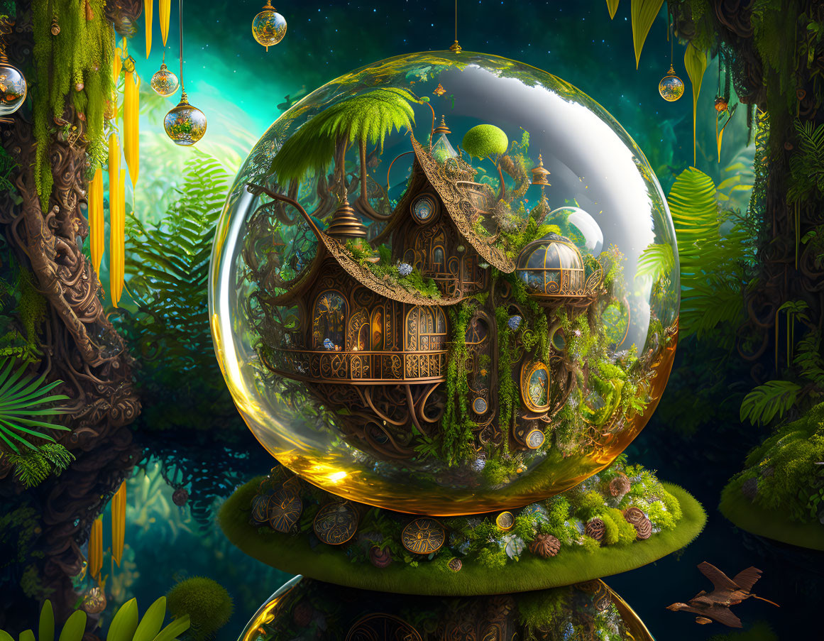 Fantasy landscape with crystal ball, treehouse, lanterns, and floating islands