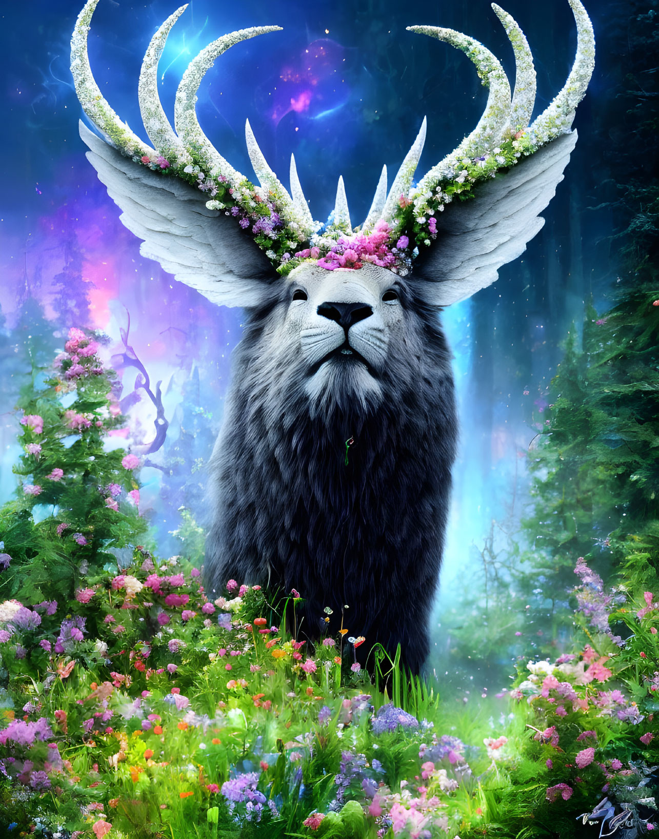 Mystical creature with lion face and floral antlers in enchanted forest