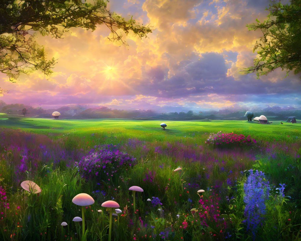 Colorful wildflowers, mushrooms, sunset sky, fluffy clouds, grazing sheep