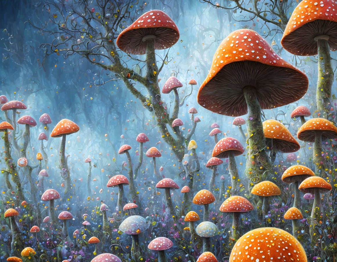 Enchanted Forest with Oversized Red-Capped Mushrooms