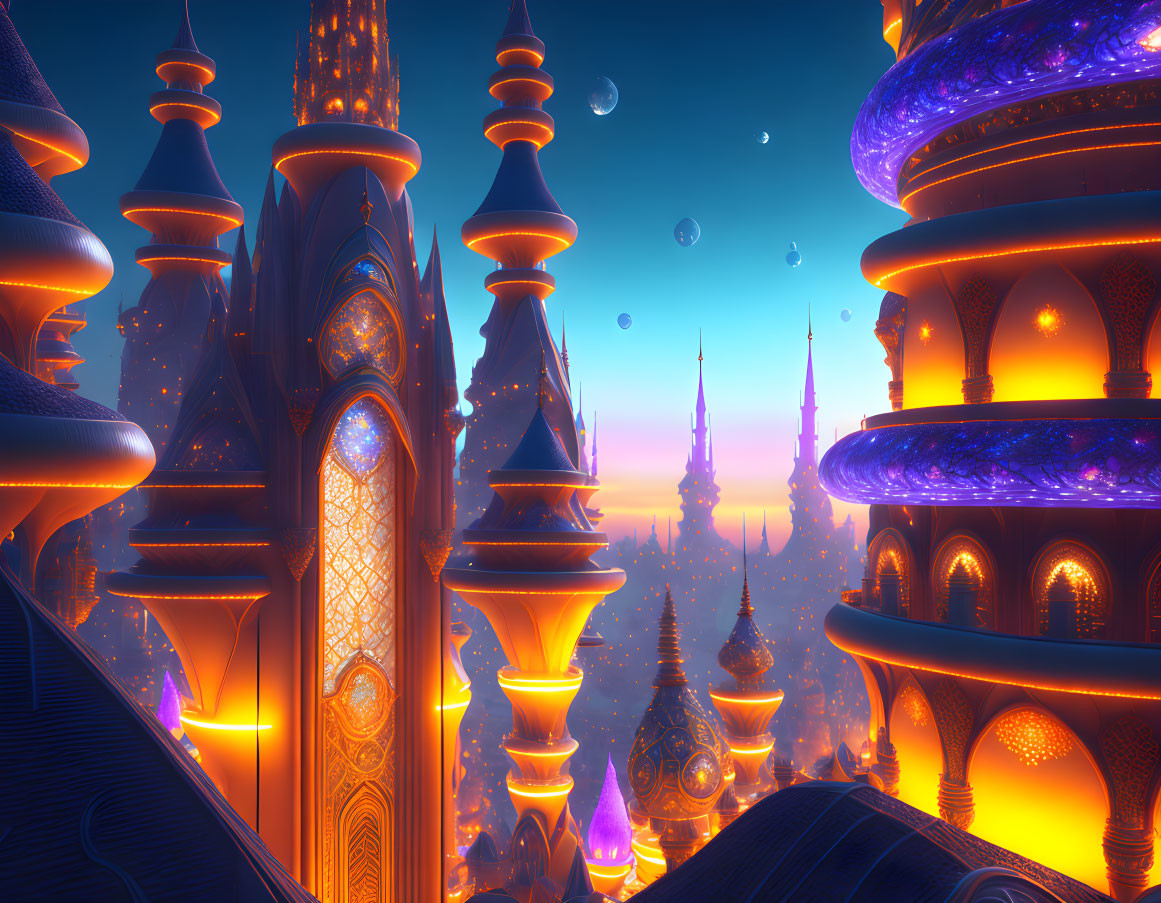 Twilight cityscape with glowing buildings, spires, and orbs amid stars