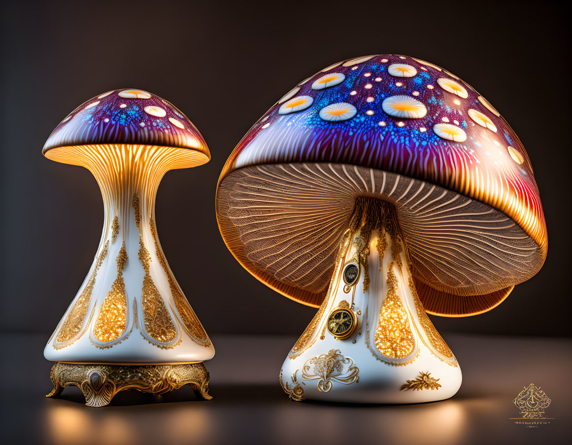 Three ornate mushroom-shaped lamps with intricate patterns and vivid colors illuminated on dark background