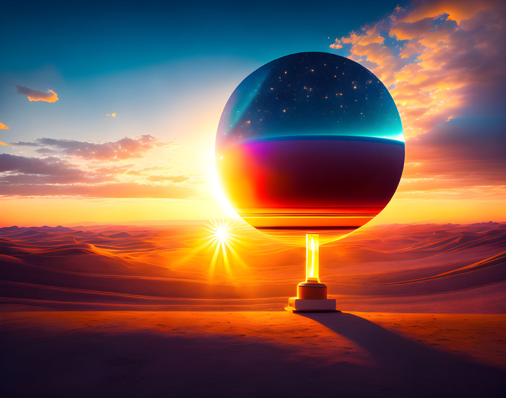 Surreal desert sunset with glowing space sphere