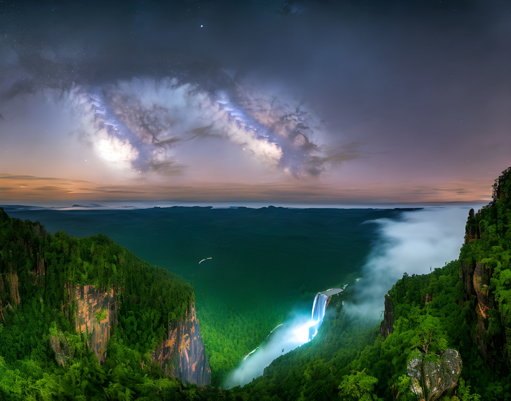 Majestic waterfall in forested valley under starry night sky