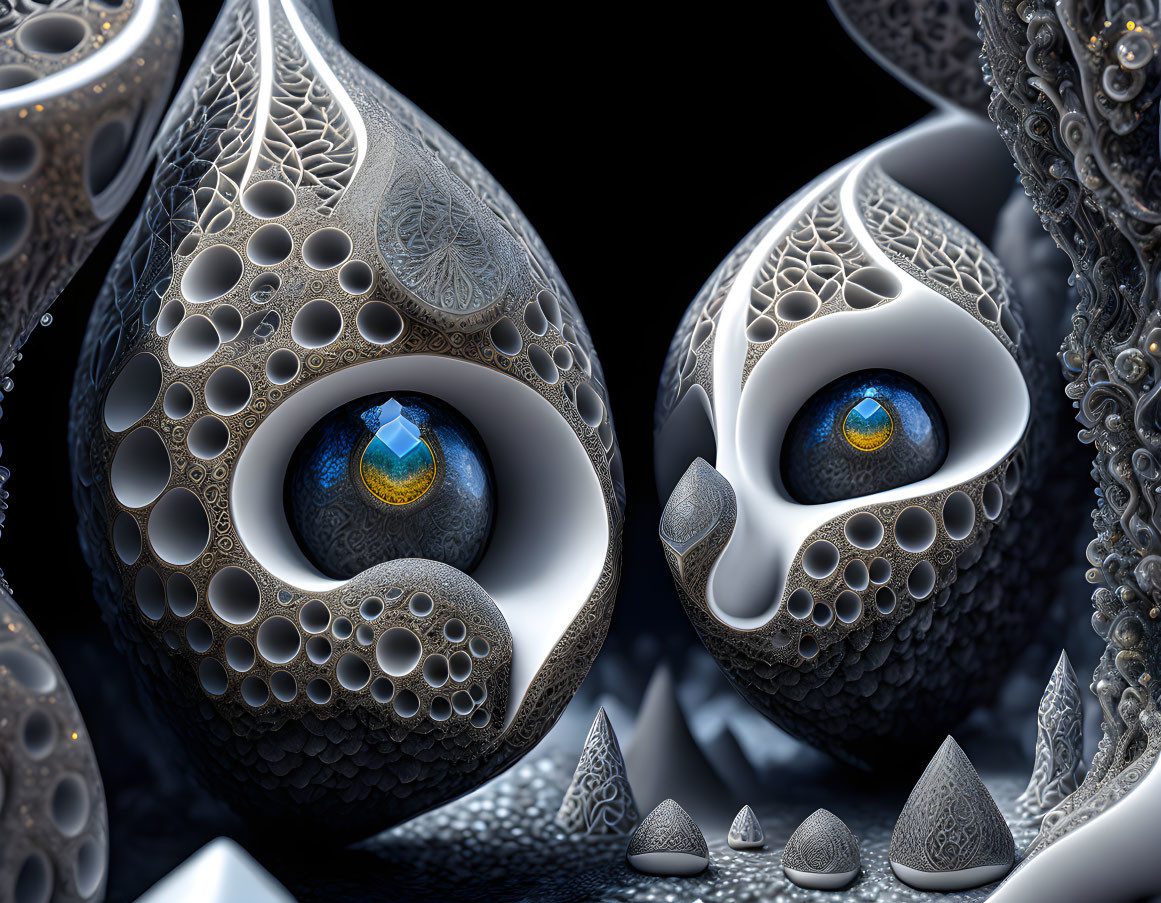 Intricate Fractal Image of Stylized Ornate Objects in Blue and Gray