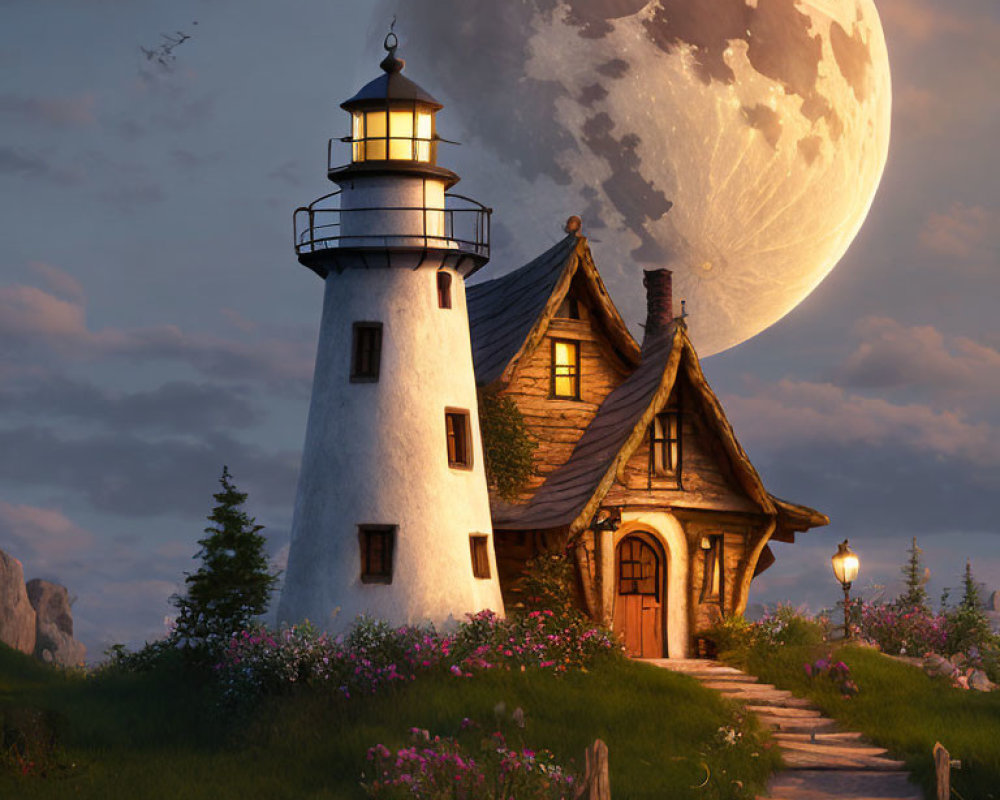 Charming lighthouse and cottage under moonlight at twilight