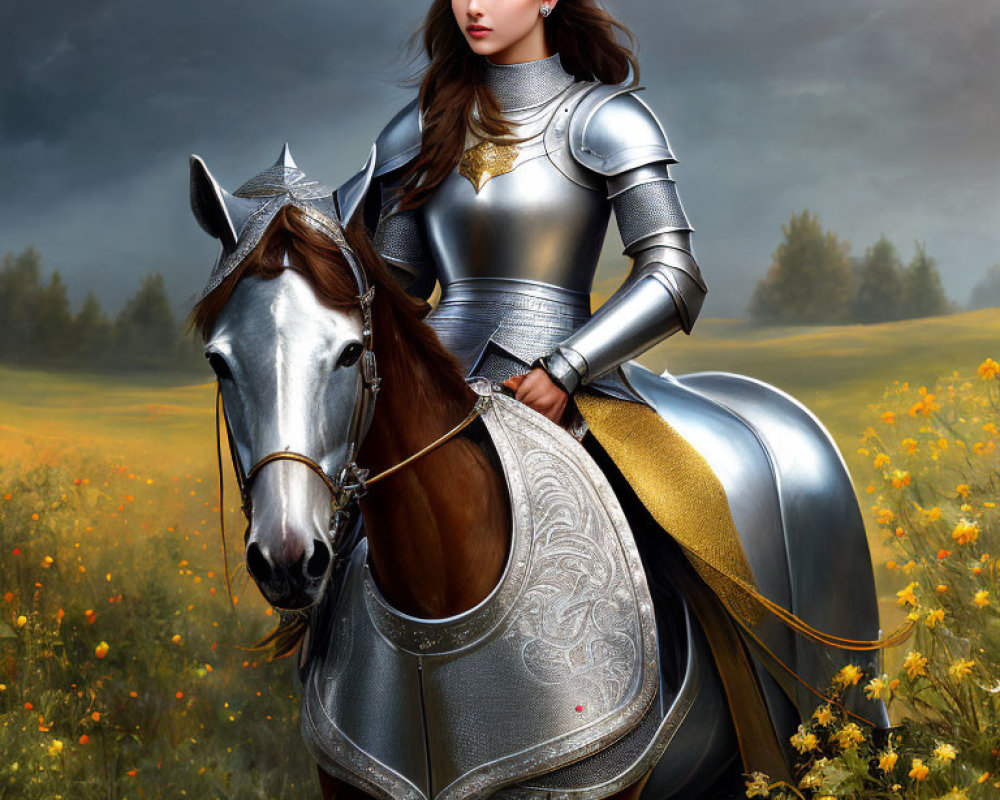 Woman in shining armor on horse in field of yellow flowers under stormy sky