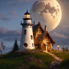 Charming lighthouse and cottage under moonlight at twilight