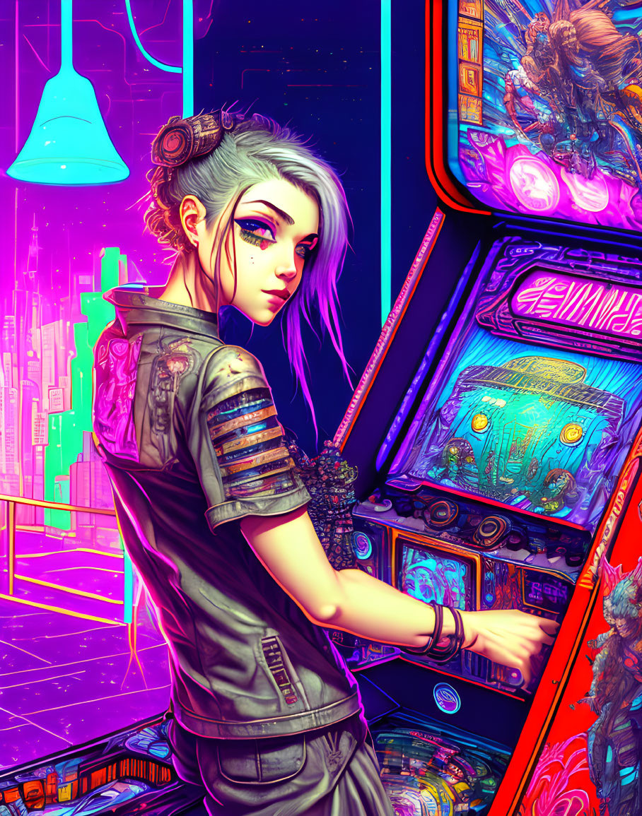 Futuristic cyberpunk illustration of woman with white hair playing arcade game