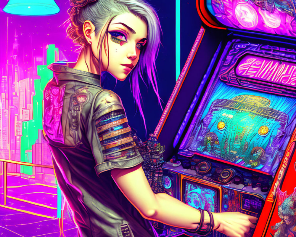 Futuristic cyberpunk illustration of woman with white hair playing arcade game