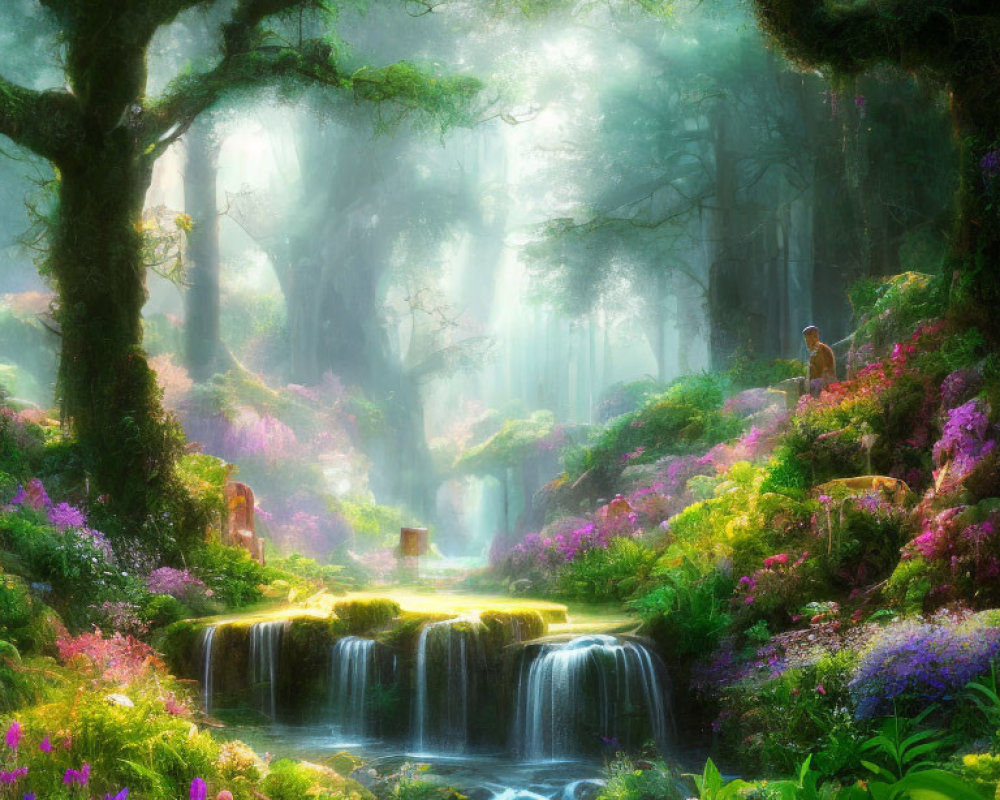 Tranquil forest with vibrant flowers, mossy trees, serene waterfall