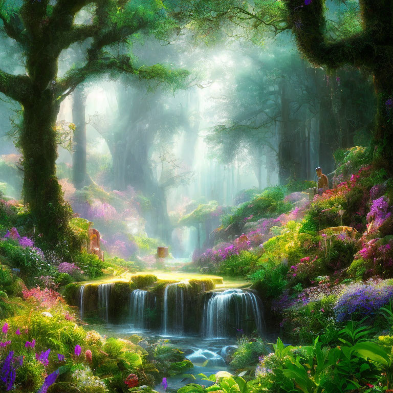 Tranquil forest with vibrant flowers, mossy trees, serene waterfall