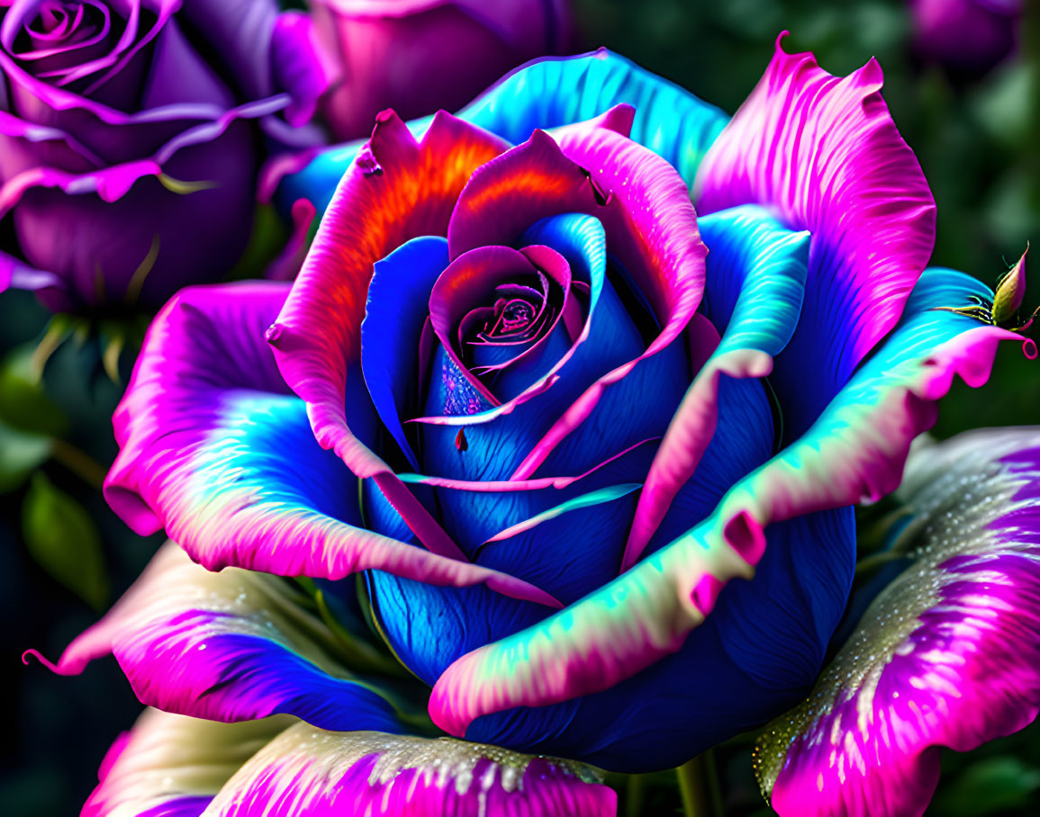 Multicolored rose with blue, pink, and purple petals on green leaves.