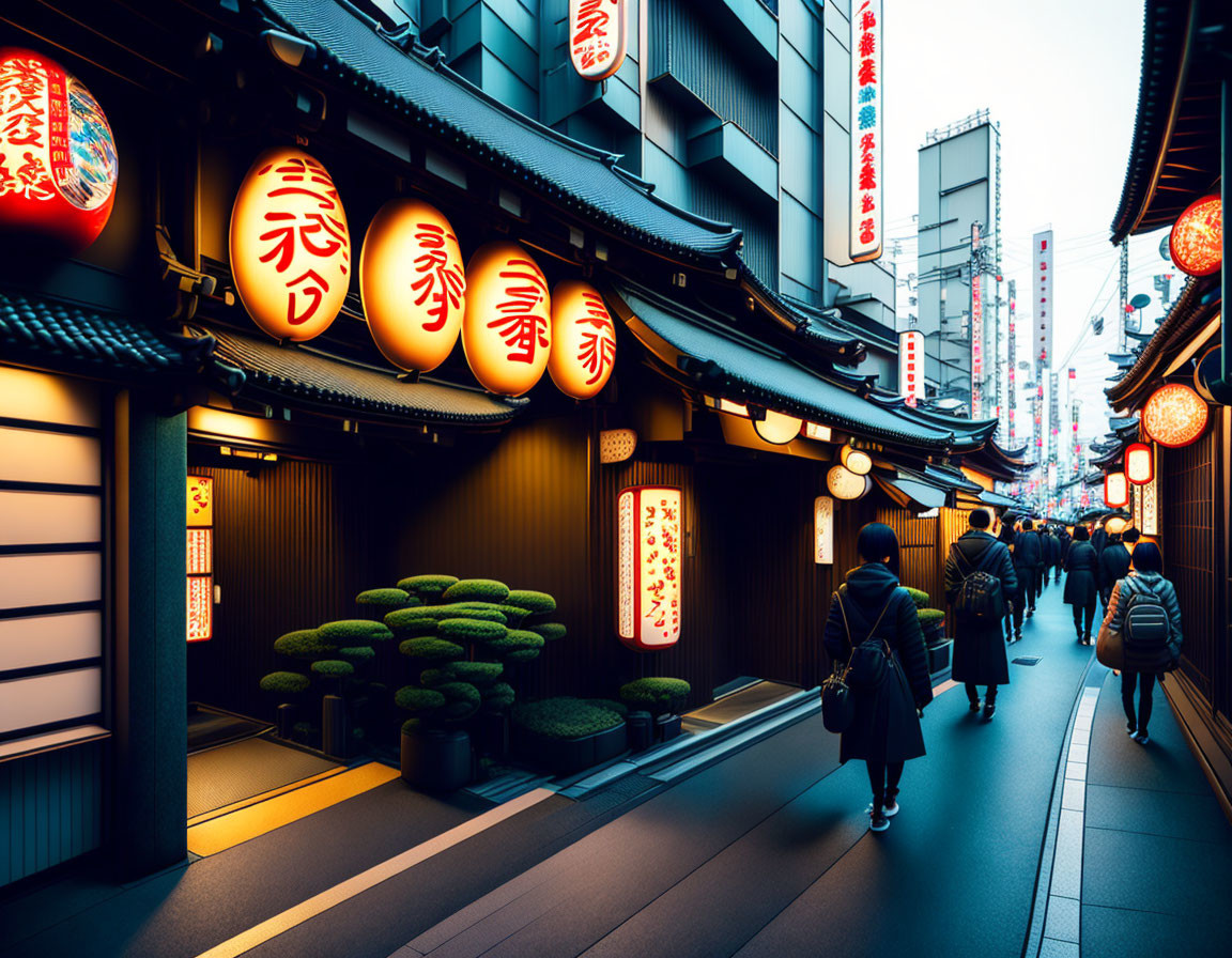 Traditional Japanese street at dusk with lanterns, pedestrians, and illuminated architecture