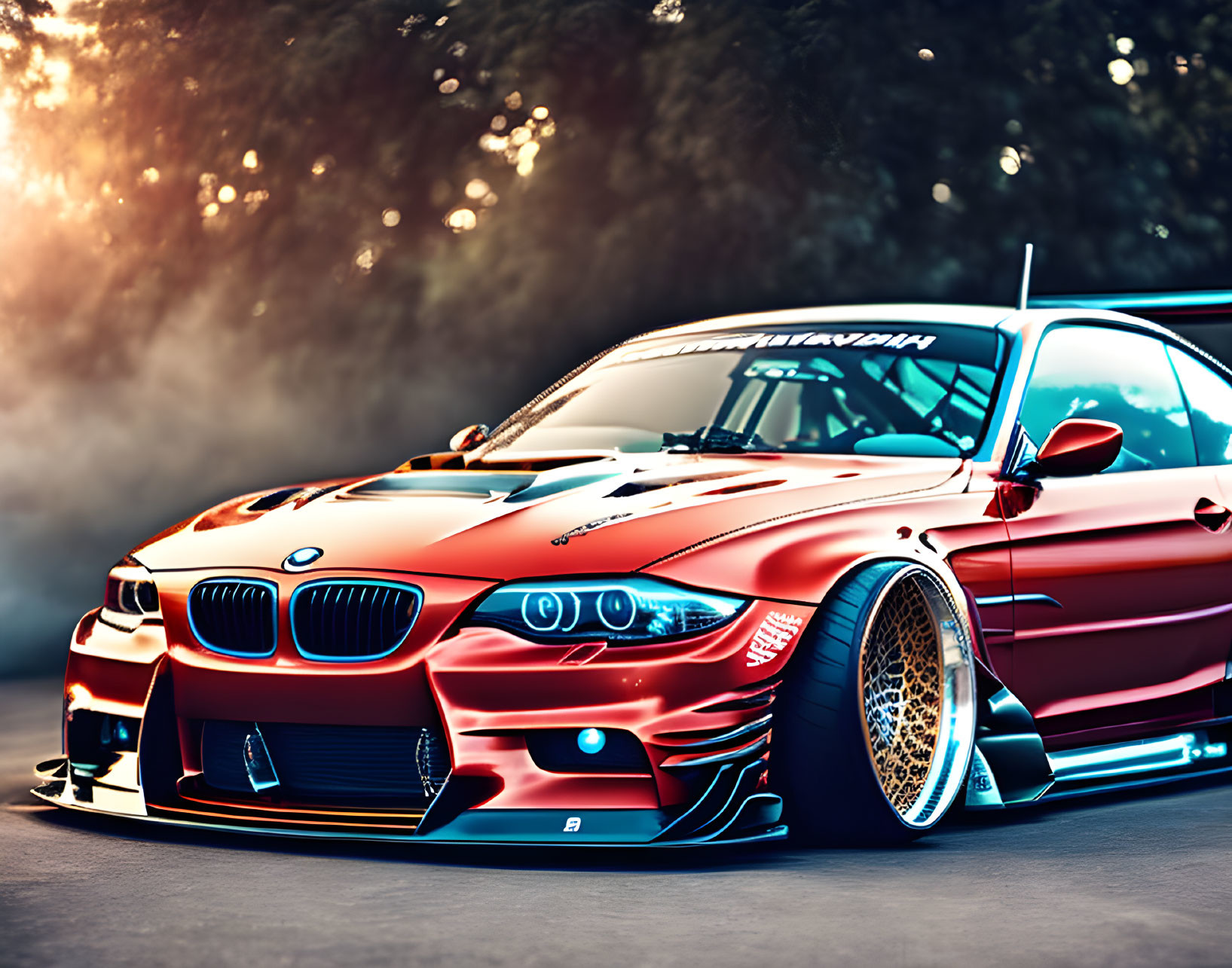 Custom Red BMW with Gold Rims and Aggressive Styling parked in Smokey Background