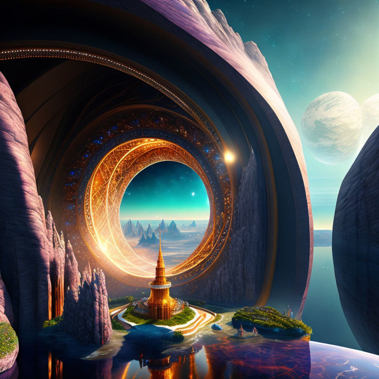 Fantastical landscape with golden portal, spire, and celestial bodies