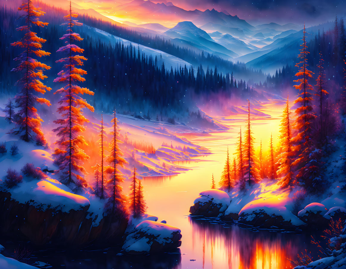 Digital artwork of wintry landscape: snow-covered trees, mountains, reflective river at sunset