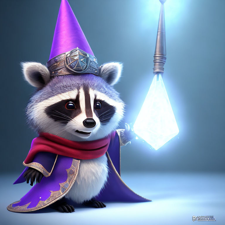 Anthropomorphic raccoon in wizard costume with purple hat and cloak holding crystalline staff