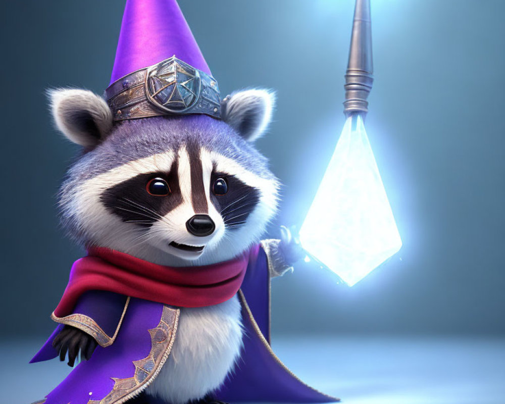 Anthropomorphic raccoon in wizard costume with purple hat and cloak holding crystalline staff