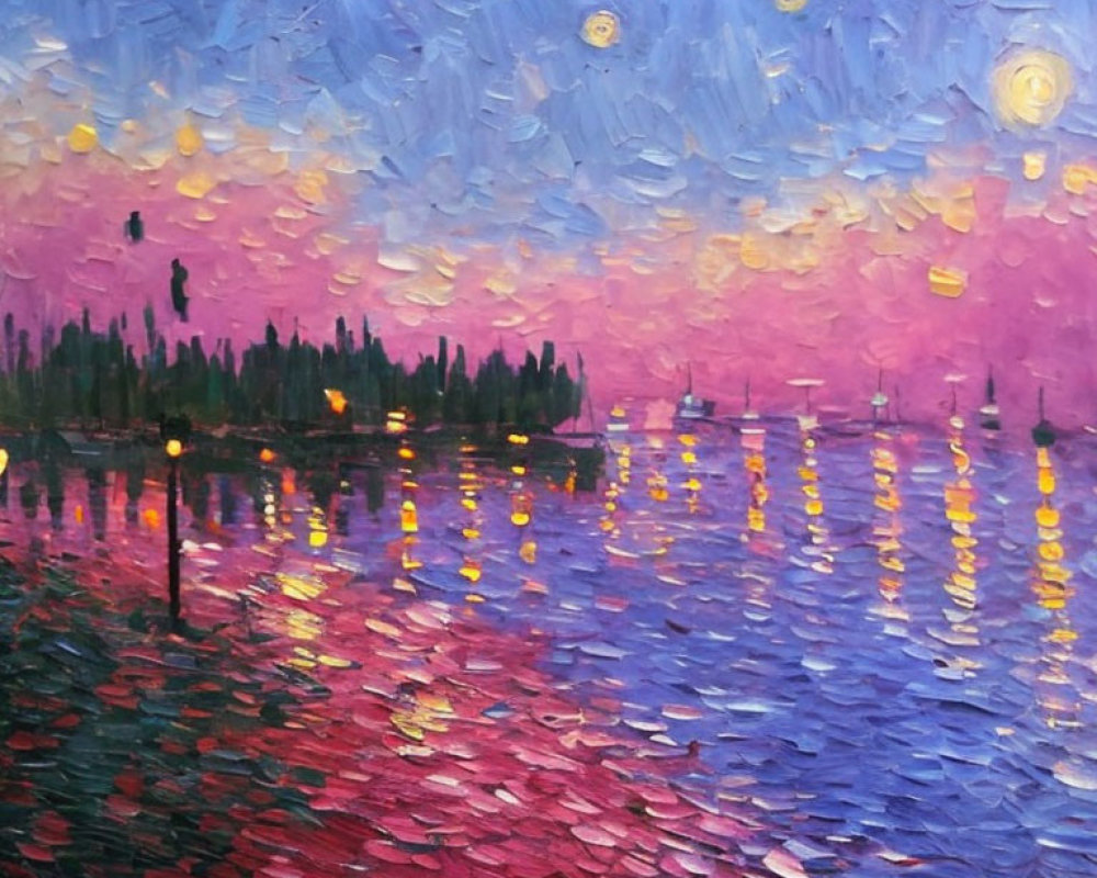 Impressionist-style painting: Reflective water surface at twilight with lights and silhouetted figure